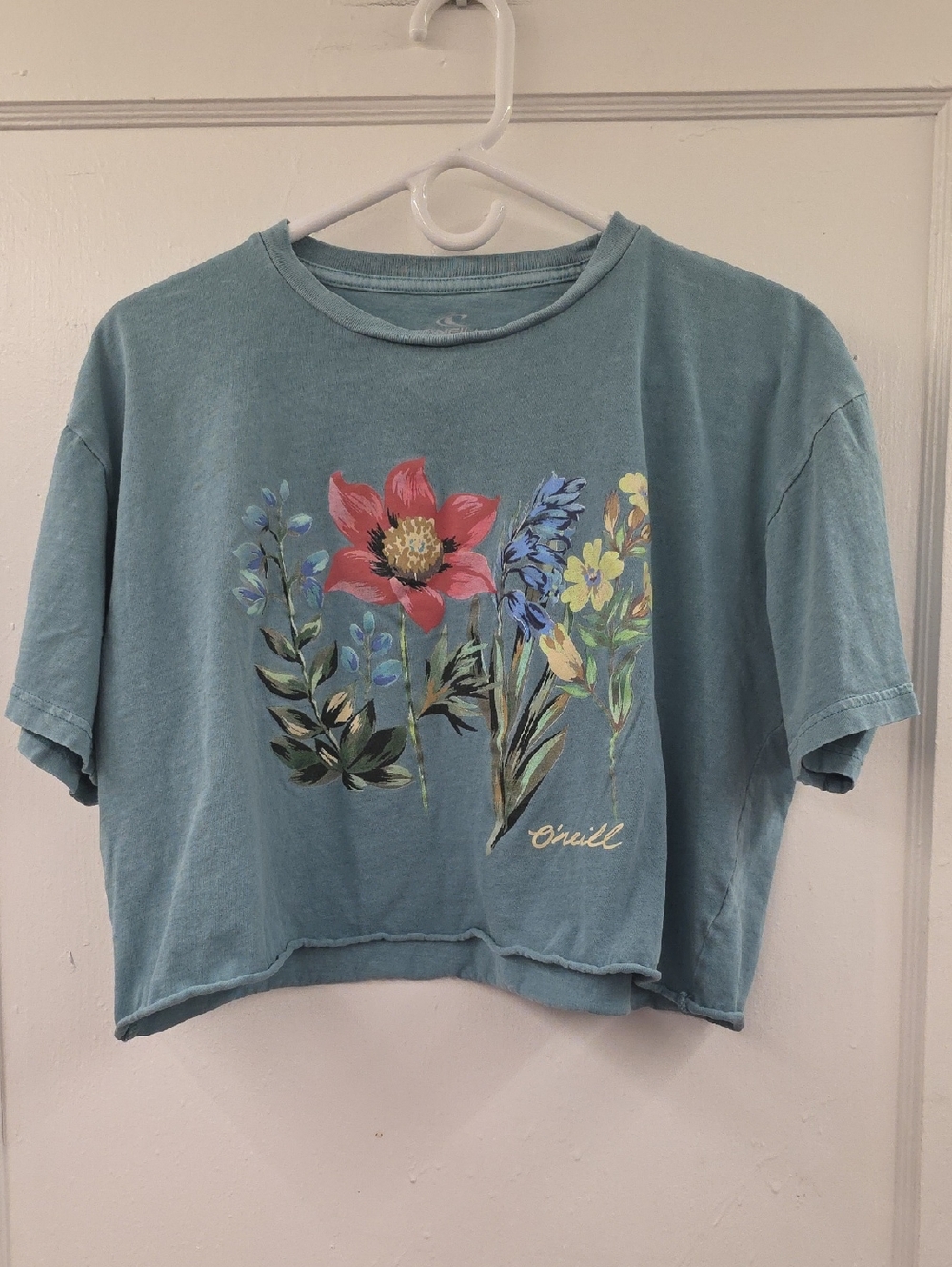 O'Neill Teal Floral Crop Top with Multicolor Blooms